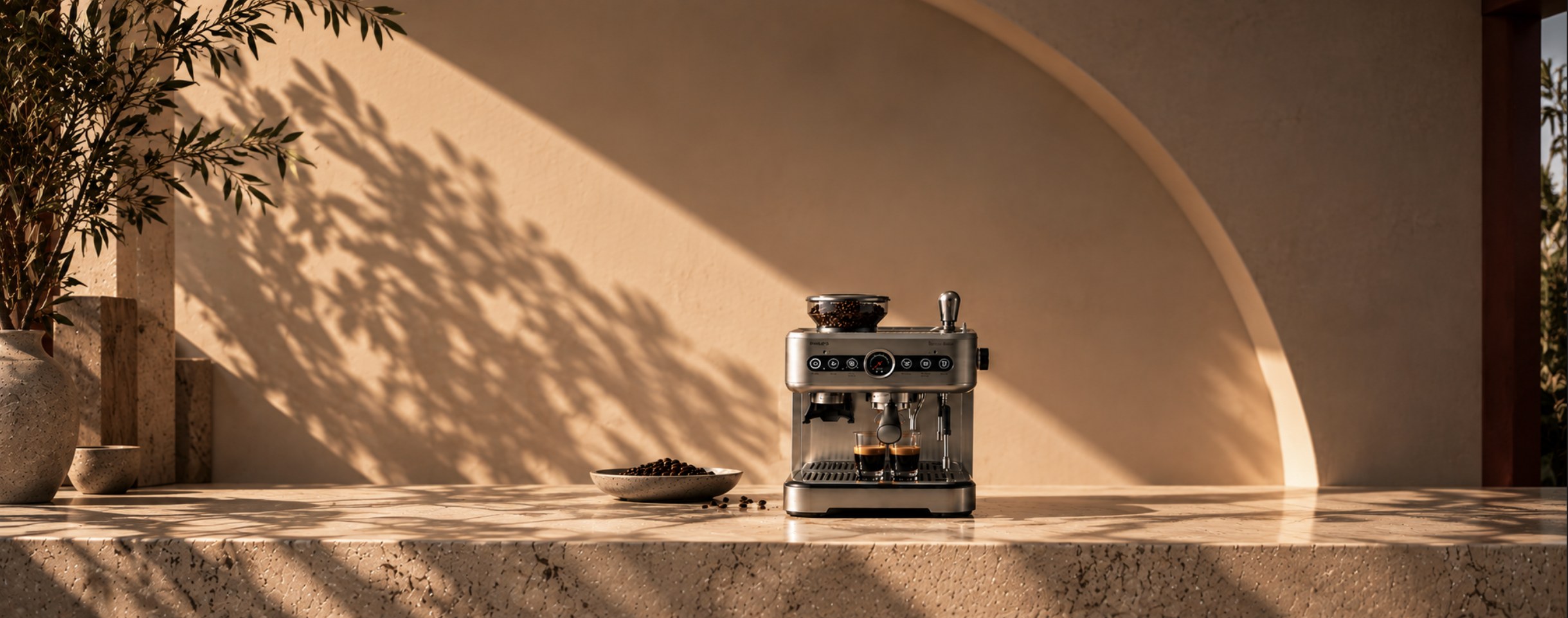 An espresso machine pulling two shots on a stone counter under a sunlit plaster arch, olive leaf shadows across the wall